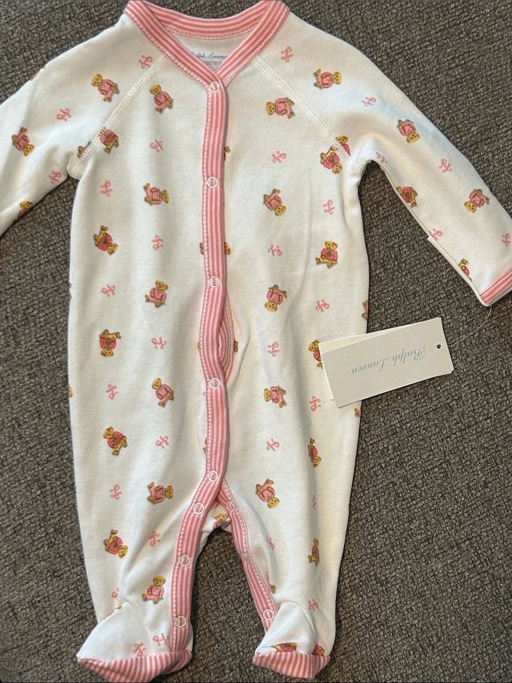 Polo by Ralph Lauren White Footed One-Piece with Pink Bear 50%OF SEND OFFER